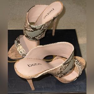 BEBE Mint Green Snake Embossed Cork Heeled Platforms